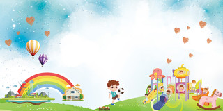 蓝色简约扁平卡通儿童乐园游乐场足球彩虹热气球展板背景